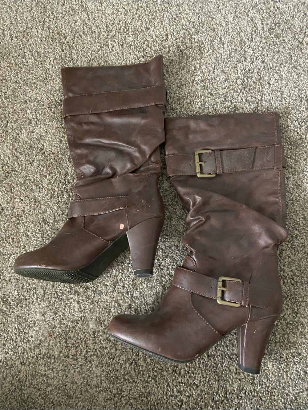 Xhilaration Brown Mid-Calf Buckle Heeled Boots
